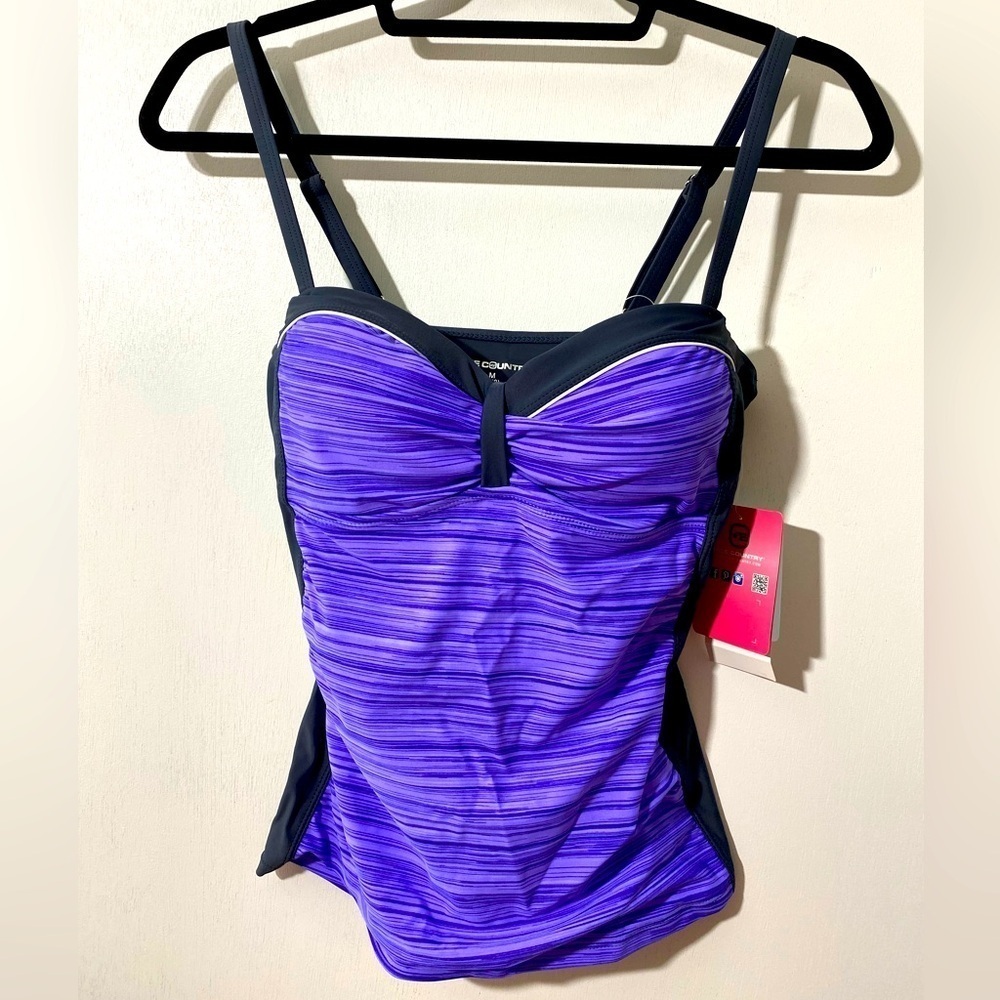 Free country bathing suit top NWT purple black adjustable straps Sz M 8/10. P-10